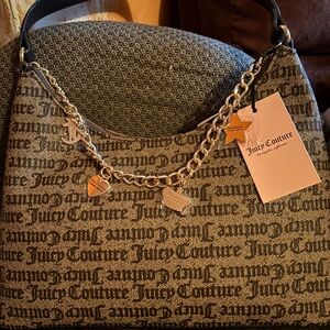 Juicy Couture Brown Logo Jacquard Shoulder Bag with Gold Chain Charm